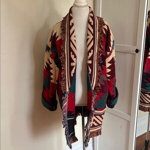 Vintage Southwestern Aztec Fringe Knit Cardigan Jacket - Boho Oversized - OS